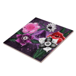 Carreau Jonquille Whimsical Floral Purple Noir Rose Daisy
