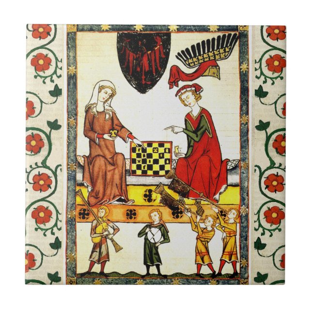 CARREAU JOUEURS D'ÉCHECS MÉDIÉVAUX EN COUR ET ROSES DE LA  (Devant)