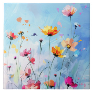 Carreau Jour d'été parfait, ciel ensoleillé et fleurs en f