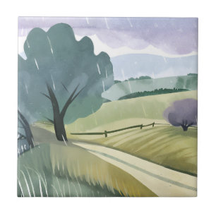 Carreau Journée pluvieuse Paysage de collines aquarelles
