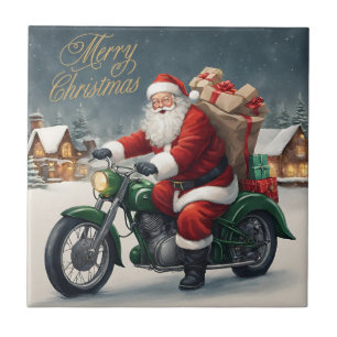 Carreau Joyeux Cool de Noël Vintage Père Noël sur moto