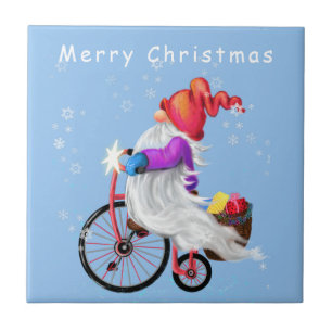 Carreau Joyeux Noël - Gnome drôle avec vélo et cadeaux 