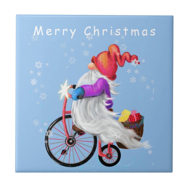 Carreau Joyeux Noël - Gnome drôle avec vélo et cadeaux (Devant)