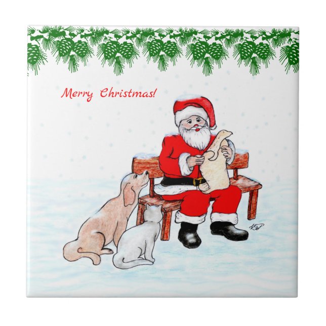 Carreau Joyeux Noël - Père Noël avec chat et chien (Devant)