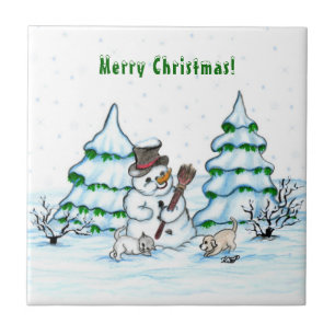Carreau Joyeux Noël ! Snowman avec chat et chiot
