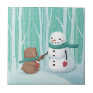 Carreau Joyeux Noël : Snowman & Ours Illustration Art