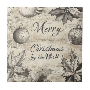 Carreau Joyeux Noël Vintage au houx et ornements (1)
