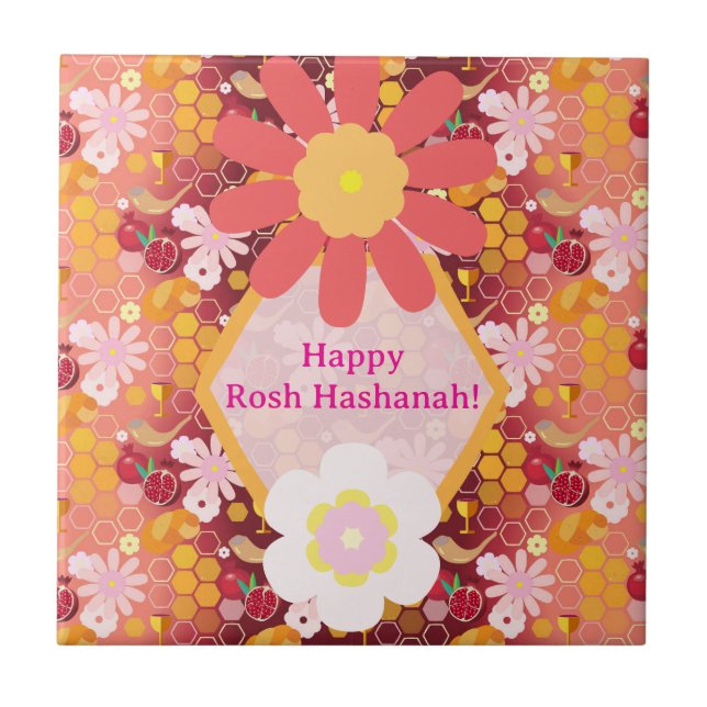 Carreau Joyeux Rosh Hashanah Juif Nouvel An Modèle Floral (Devant)