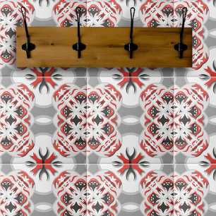 Carreau Kaleidoscope Abstrait tribal gris-rouge noir