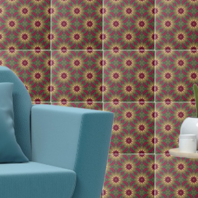 Carreau Kaleidoscope vert rouge Modèle géométrique floral (Créateur téléchargé)