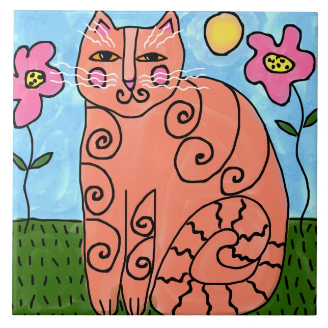 Carreau Kitty dans le jardin Peinture Abstraite (Devant)