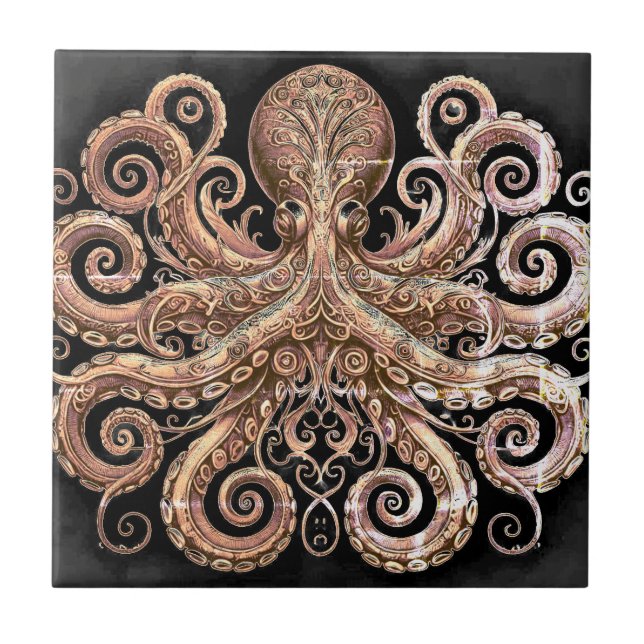 Carreau Kraken Steampunk Octopus Ornate Gold et Noir (Devant)