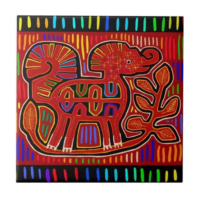 Carreau Kuna Indian Baby Elephant - Mola Folk Art (Devant)