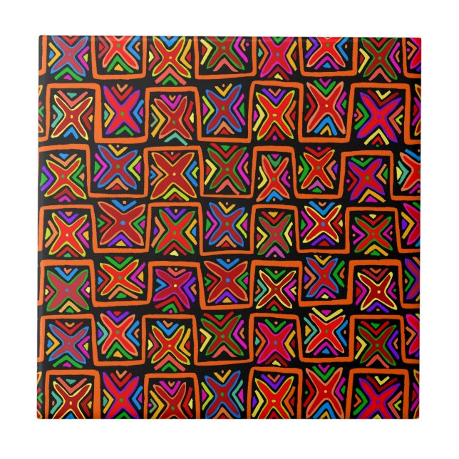 Carreau Kuna Indian Mola Tribal Checks - Rouge (Devant)