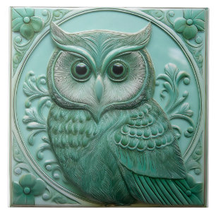 Carreau L Vert sauge faux relief Art Nouveau Hibou