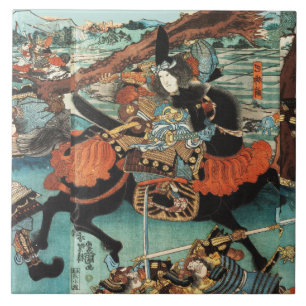 CARREAU LA FEMME SAMURAI TOMOE GOZEN HORSEBACK DANS LA BAT
