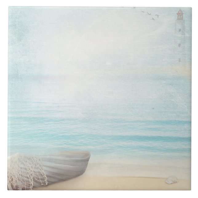 Carreau La plage côtière avec bateau en bois (Devant)