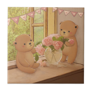 Carreau La Saint-Valentin : ours en peluche et fleurs