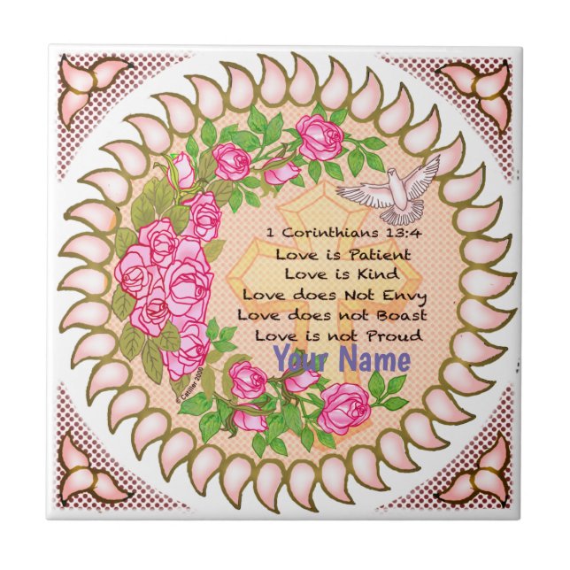 Carreau L'amour est patient Croix chrétienne tuile (Devant)