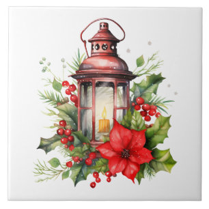Carreau Lanterne rouge de Noël Poinsettia et pin
