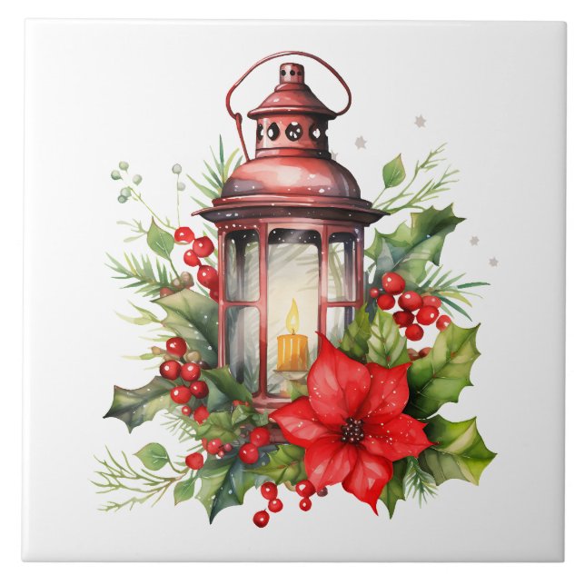 Carreau Lanterne rouge de Noël Poinsettia et pin (Devant)