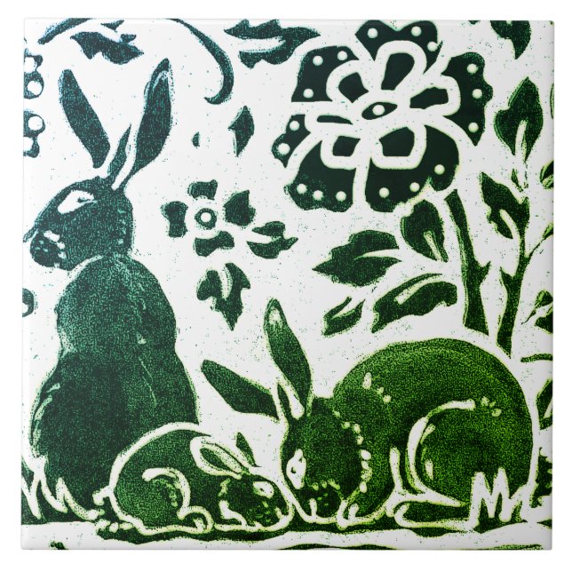 Carreau Lapin Batik Vert Moderne Bleu Floral Bois (Devant)