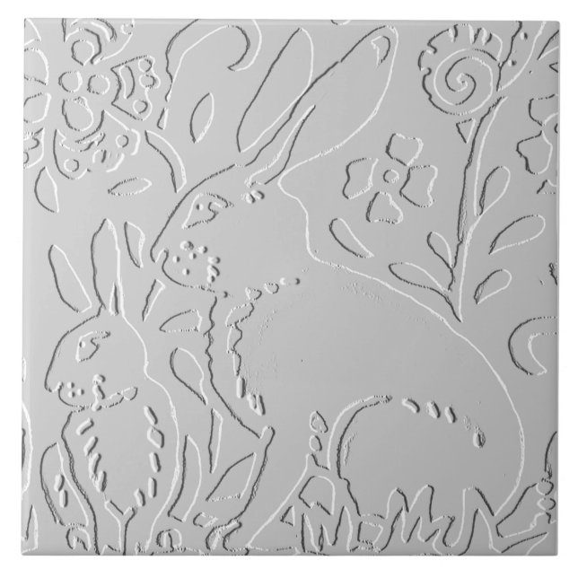 Carreau Lapin Blanc Gris Floral Embossé Bois Animal (Devant)
