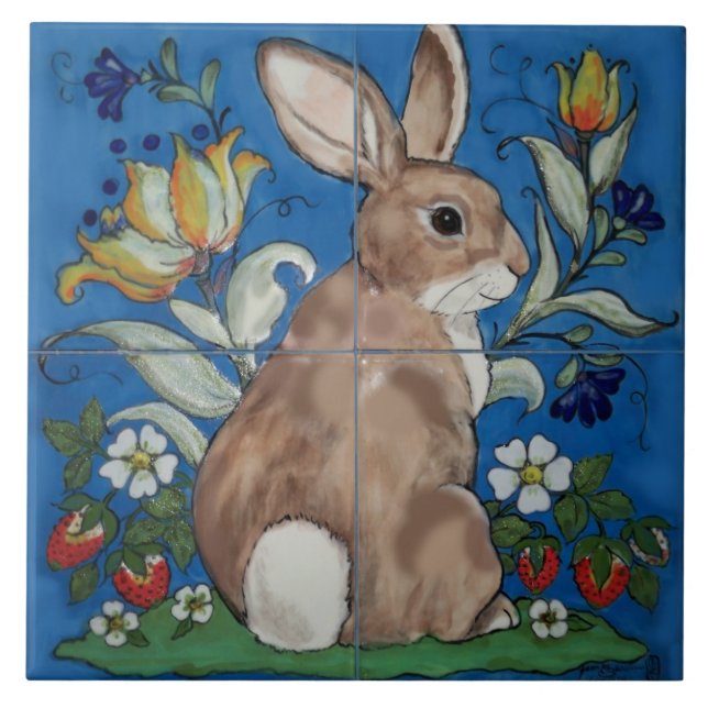 Carreau Lapin Bleu Printemps Floral Trivet de Pâques (Devant)