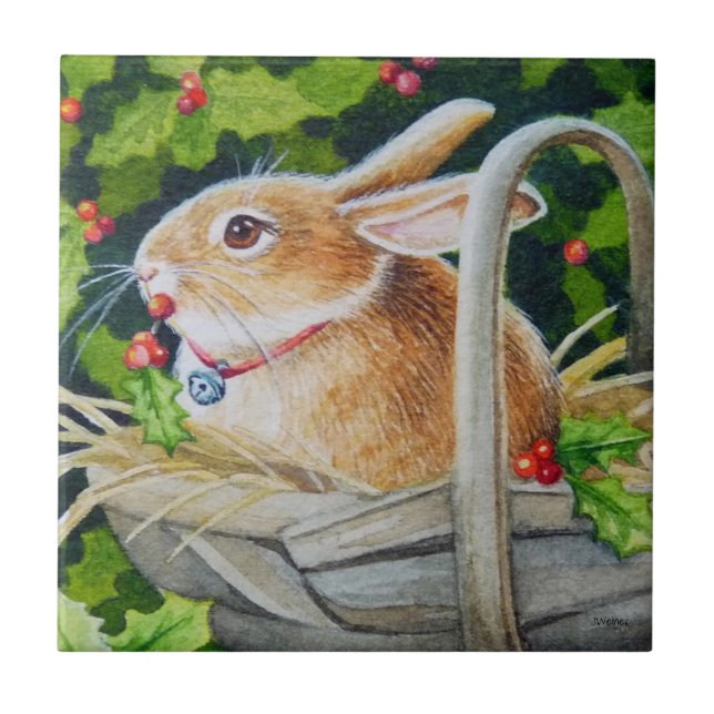 Carreau Lapin dans le panier avec Holly Sprigs Aquarelle A (Devant)