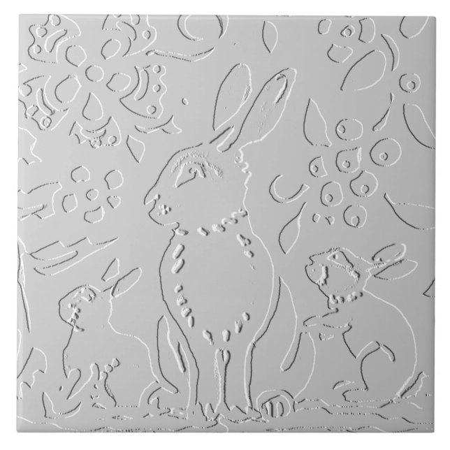 Carreau Lapin Embossé Blanc Gris Bois Foliage Floral (Devant)