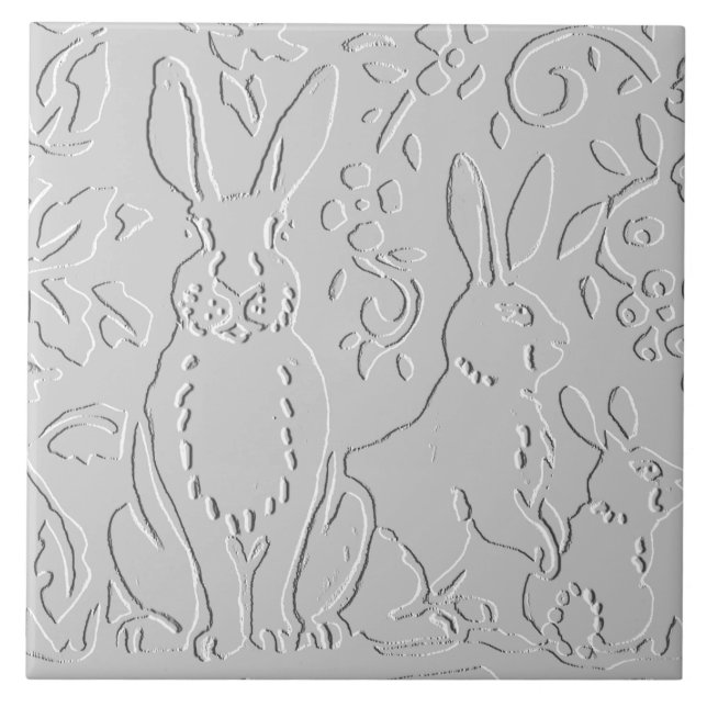 Carreau Lapin Gris blanc Embossé Floral Bois Animal (Devant)