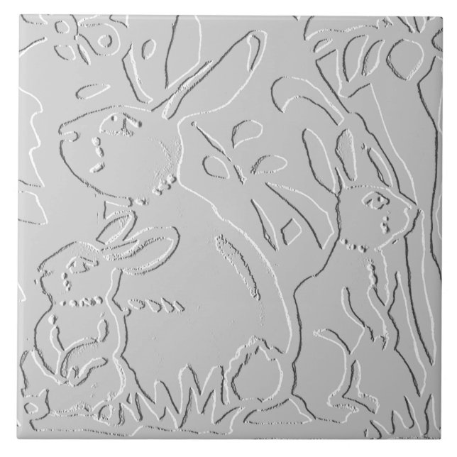 Carreau Lapin Gris blanc Embossé Floral Bois Animal (Devant)