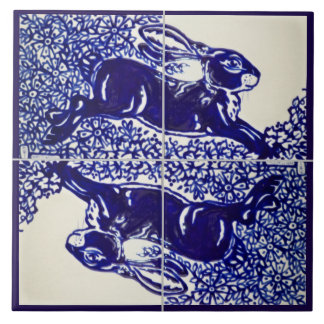 Carreau Lapin Lapin Floral Marine Bleu Dessin Élégant
