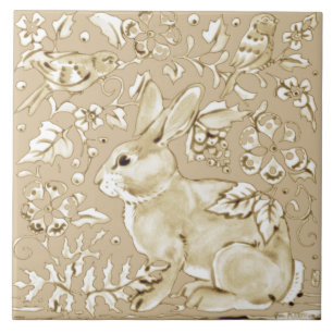 Carreau Lapin Lapin Lapin Tan Tan Beige Oiseau Flore Feuil