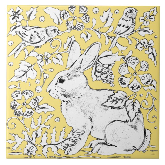 Carreau Lapin mignon dessin sur Jaune, Flore d'oiseaux (Devant)