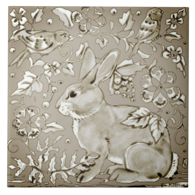 Carreau Lapin Neutre Gris Fumé Oiseau Floral Feuille (Devant)
