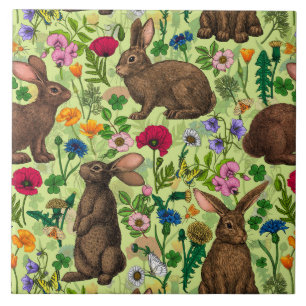 Carreau Lapins et fleurs sauvages sur le vert miel