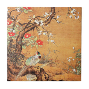 Carreau L'art de l'encre chinoise orientale au faisan et a