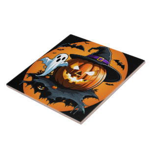 Carreau Le fantôme d'Halloween flotte à côté d'un citrouil