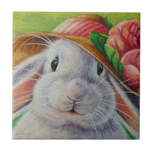 Carreau Le lapin de lapin blanc à l'aquarelle Bonnet de p