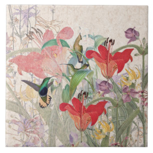 Carreau Le lis rouge Columbine d'oiseaux de colibri