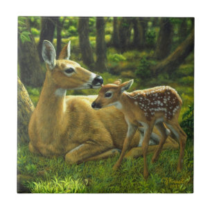 Carreau Le printemps blanc Fawn et la mère Deer