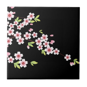 Carreau Le Sakura noir aux fleurs de cerisiers roses et ve