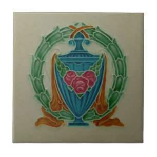 Carreau Lea & Boulton Repro 1900 Colorful Urn Roses Wreath