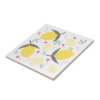 Carreau Lemons Floral Botanique Fleurs rouges Feuille Moti