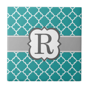 Carreau Lettre bleue turquoise R Quatrefoil de monogramme