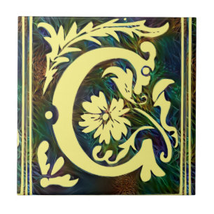 Carreau Lettre initiale C ornement corlorul Vintage