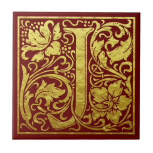 Carreau Lettre J Première lettre Faux Gold Rouge