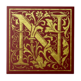 Carreau Lettre N Première Lettre Faux Gold Rouge