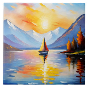 Carreau Lever de soleil sur un lac et des montagnes enneig